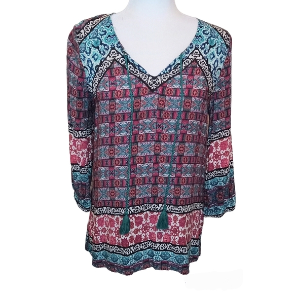 Red Camel Tops - RED CAMEL MULTI-PRINT BOHO TOP/BLOUSE W/LONG BISHOP SLEEVES - SIZE M Ptp 19"